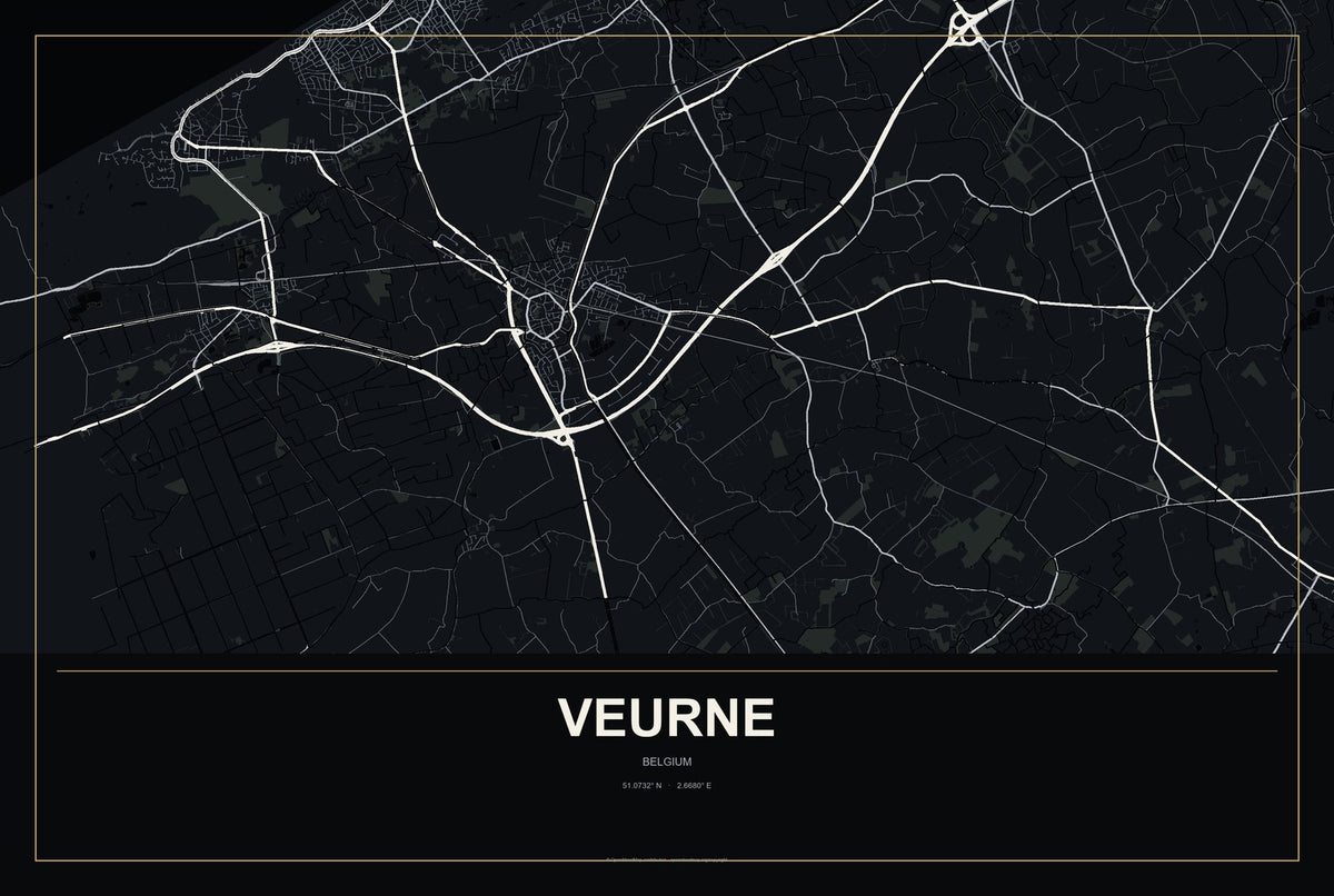 Veurne, Belgium City Map Aluminum Sign in Metropolitan Noir style