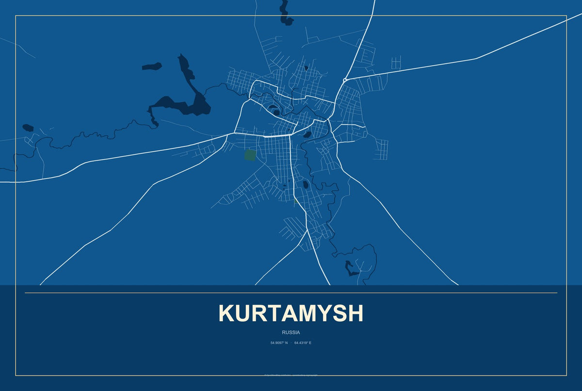 Kurtamysh, Russia City Map Aluminum Sign in Harbor Cobalt style