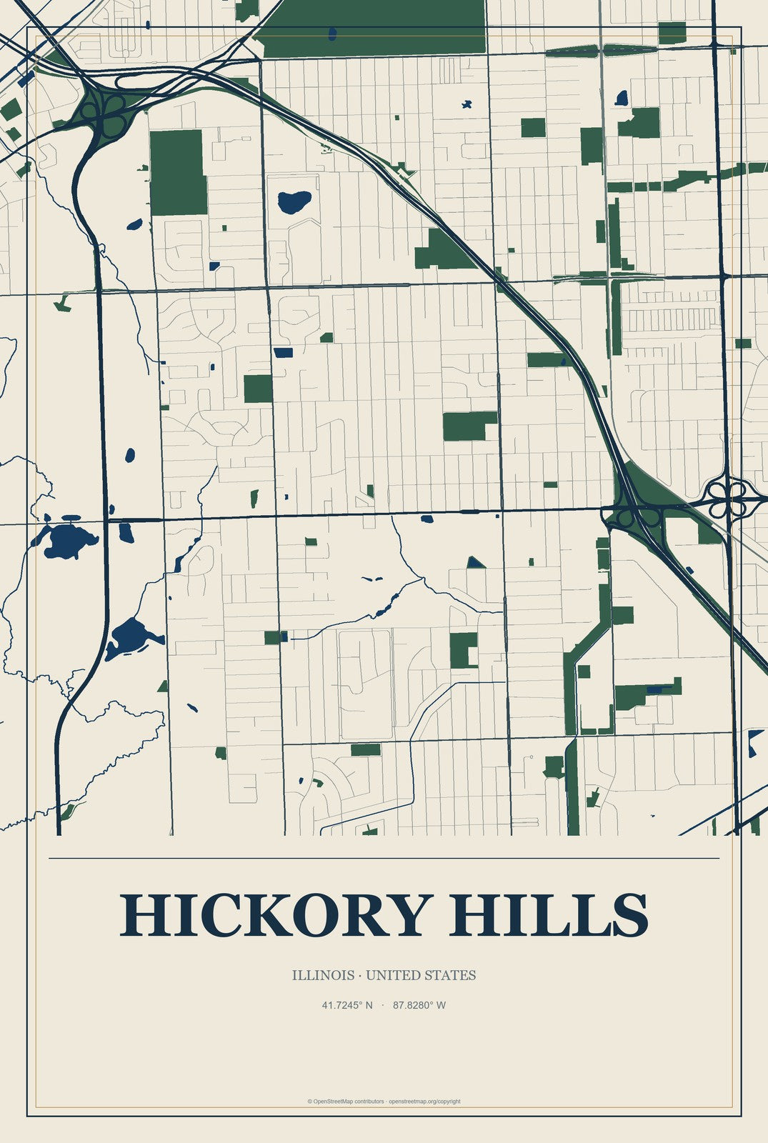 Hickory Hills, Illinois City Map Aluminum Sign in Coastal Cutout style