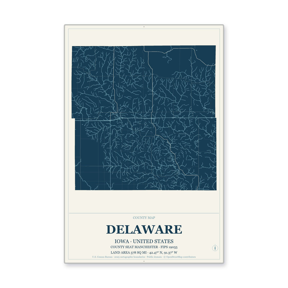 Delaware County, Iowa Map Aluminum Sign in Coastal Cutout style
