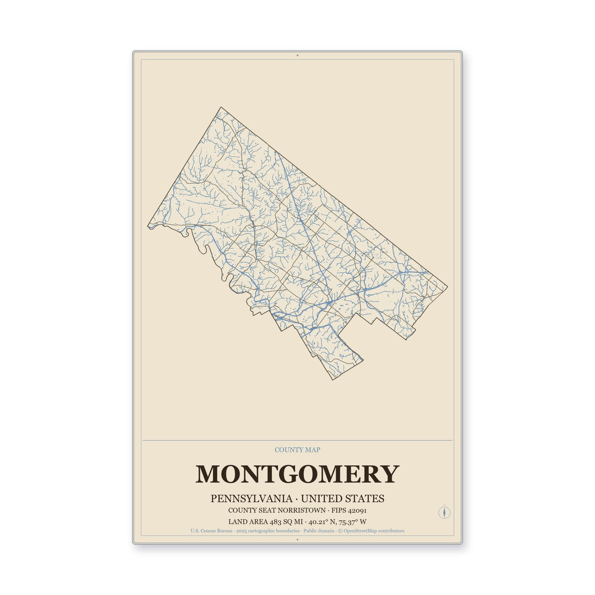 Montgomery County, Pennsylvania Map Aluminum Sign in Heritage Nautical style