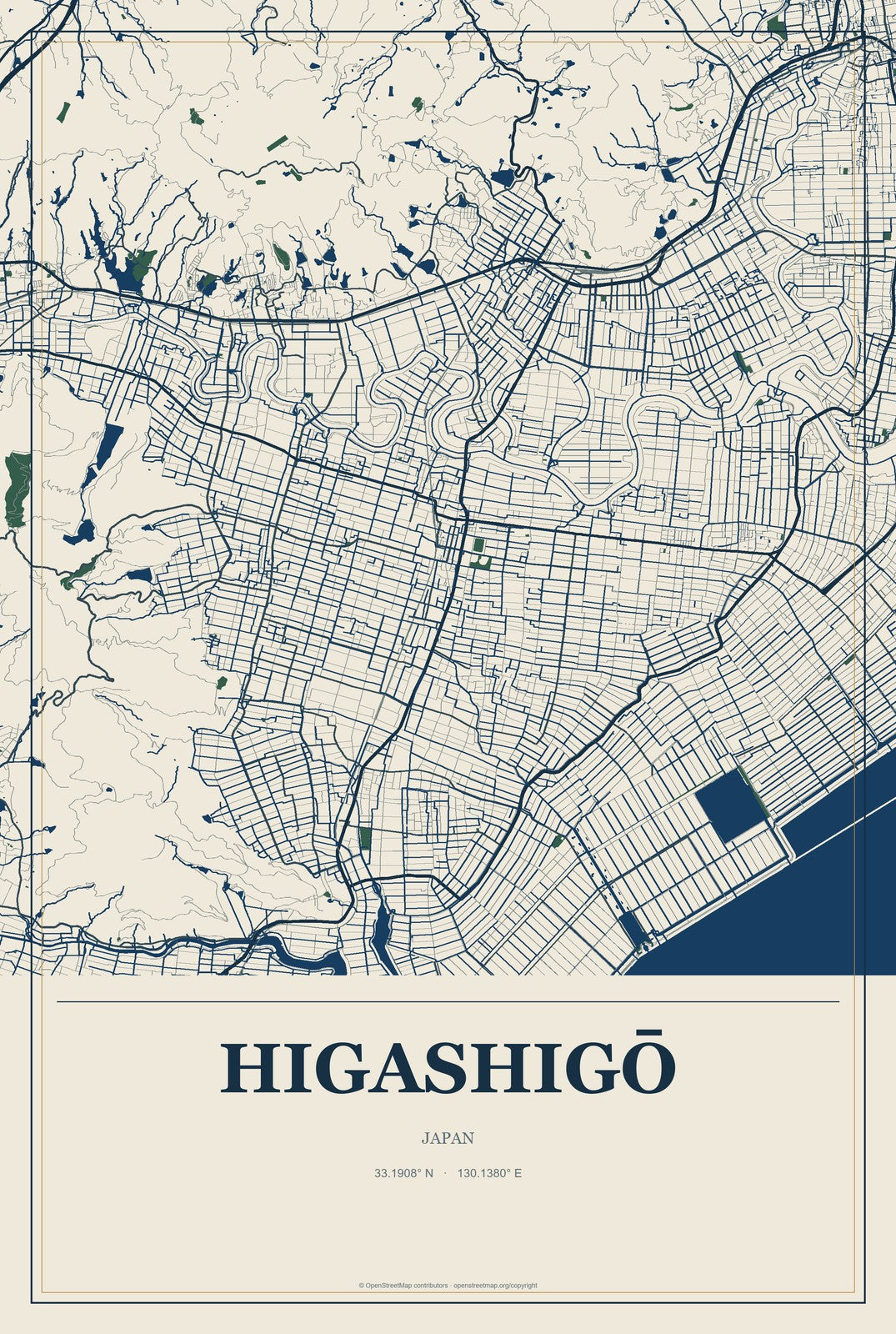 Higashigō, Japan City Map Aluminum Sign in Coastal Cutout style