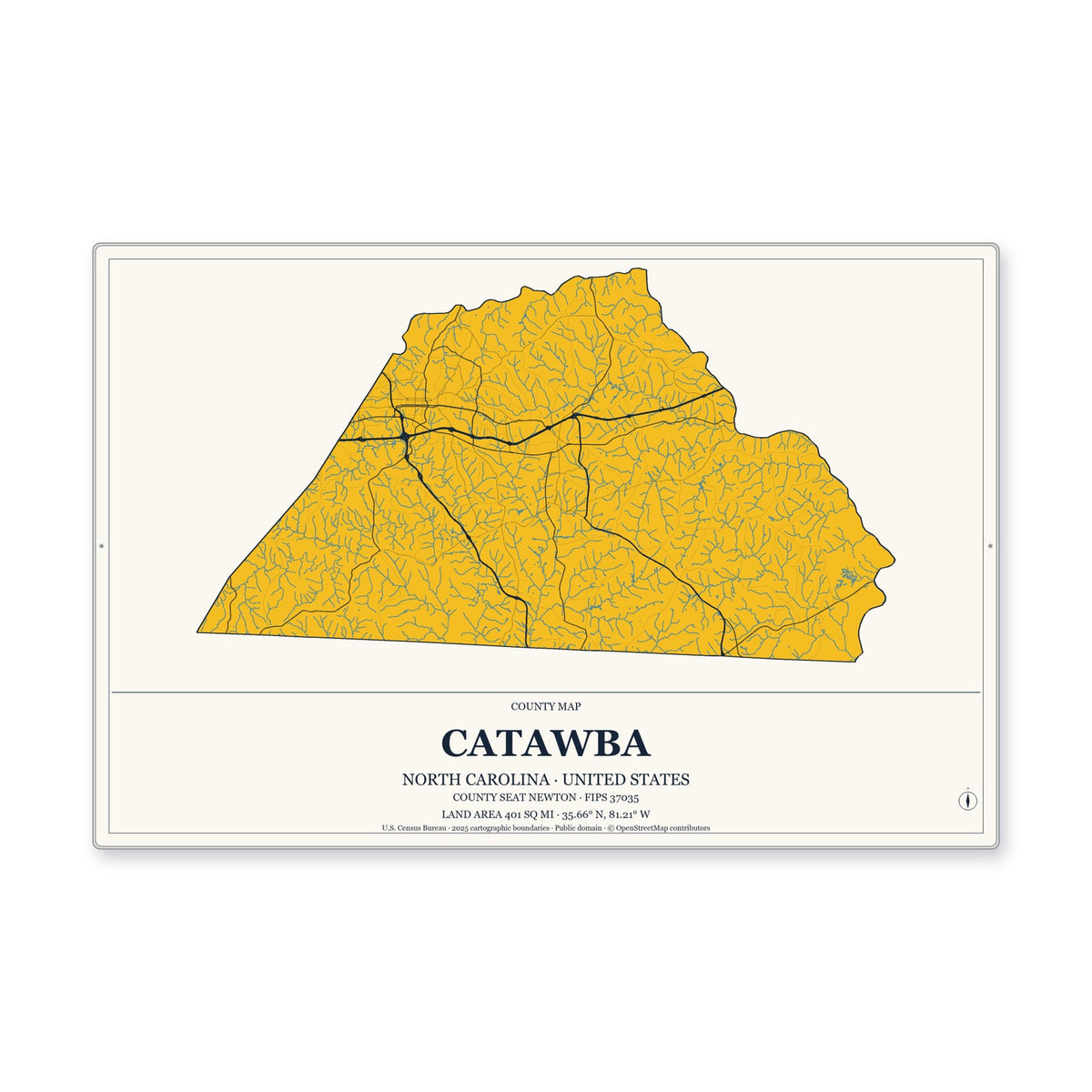 Catawba County, North Carolina Map Aluminum Sign in Citrine Modern style