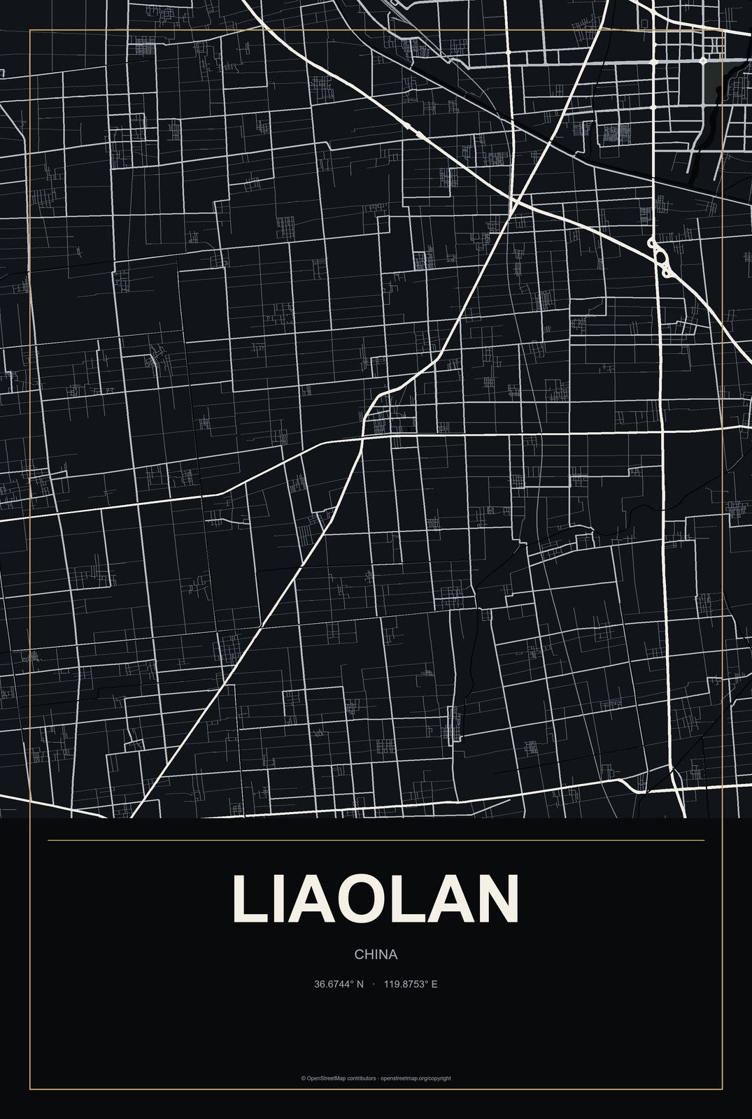 Liaolan, China City Map Aluminum Sign in Metropolitan Noir style