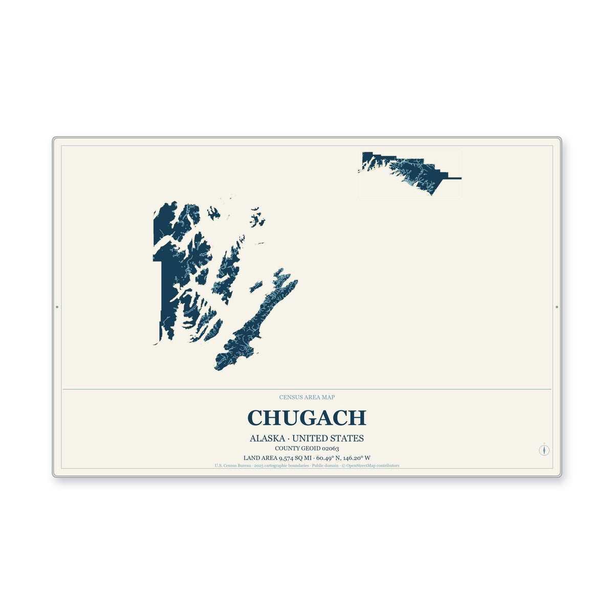 Chugach Census Area, Alaska Map Aluminum Sign in Coastal Cutout style