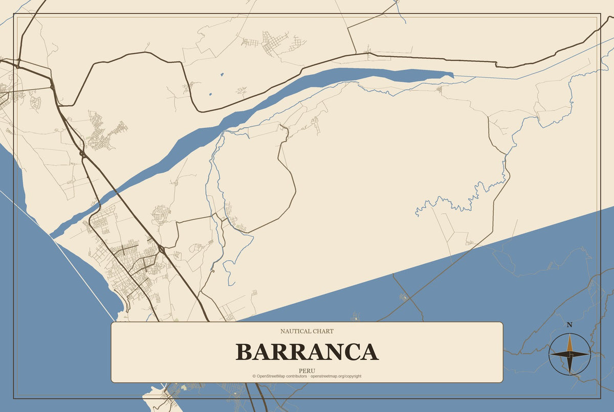Barranca, Peru City Map Aluminum Sign in Heritage Nautical style
