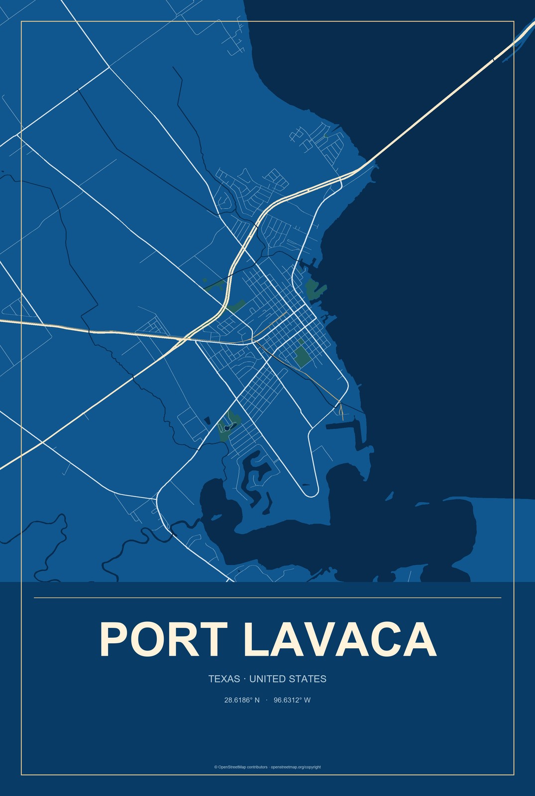 Port Lavaca, Texas City Map Aluminum Sign in Harbor Cobalt style
