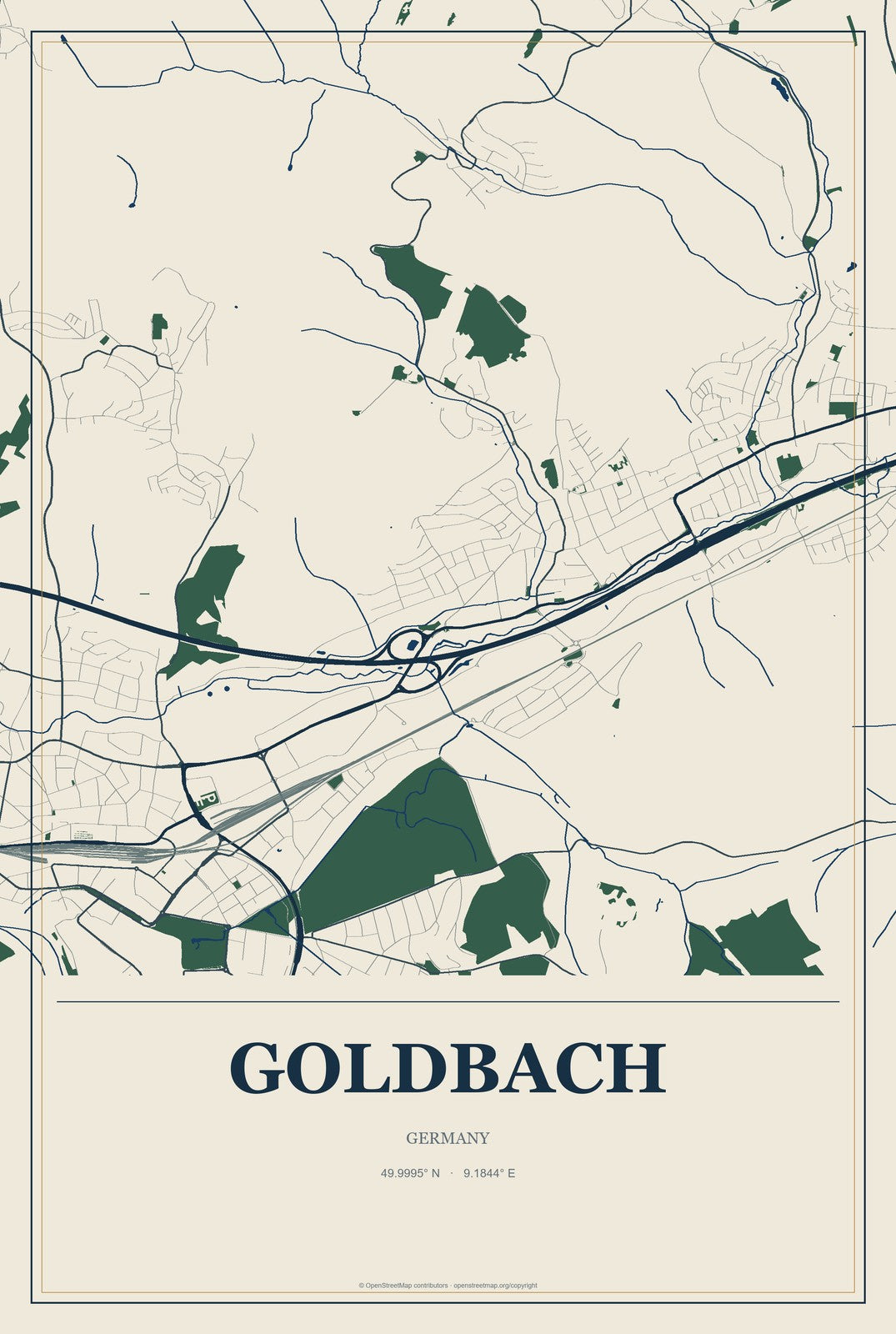 Goldbach, Germany City Map Aluminum Sign in Coastal Cutout style