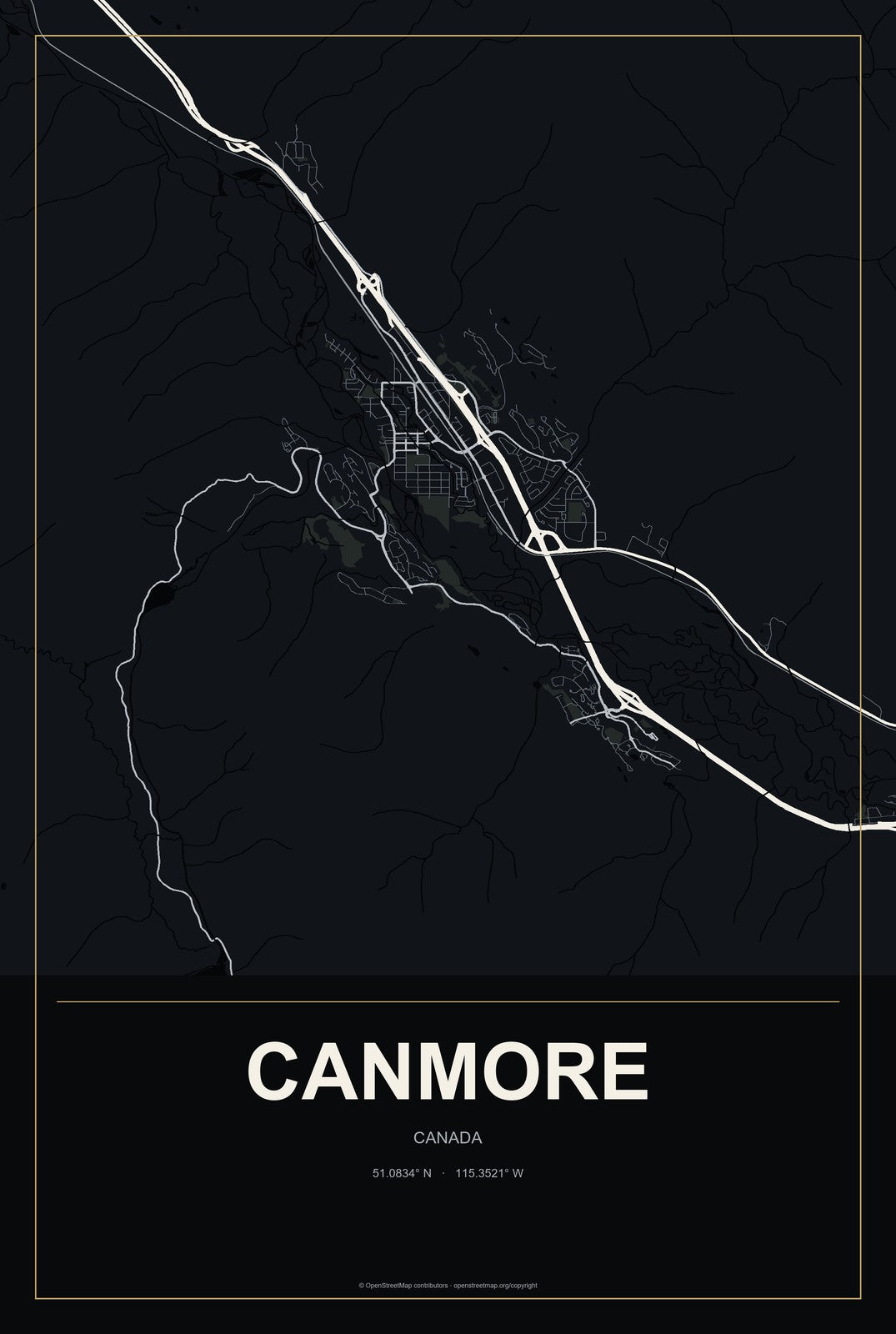 Canmore, Canada City Map Aluminum Sign in Metropolitan Noir style