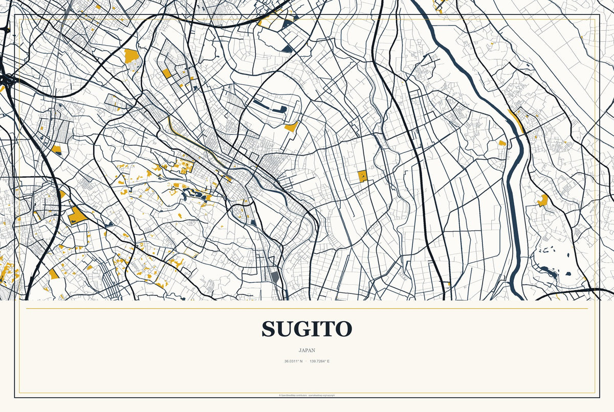 Sugito, Japan City Map Aluminum Sign in Citrine Modern style