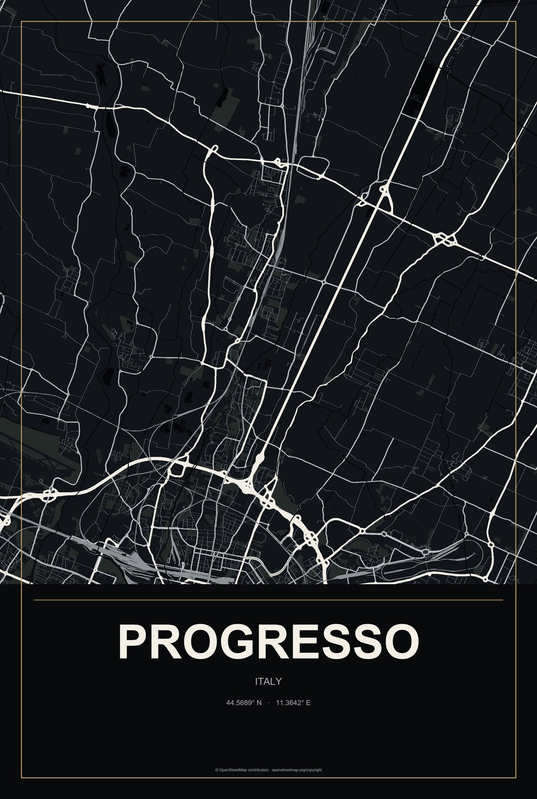 Progresso, Italy City Map Aluminum Sign in Metropolitan Noir style