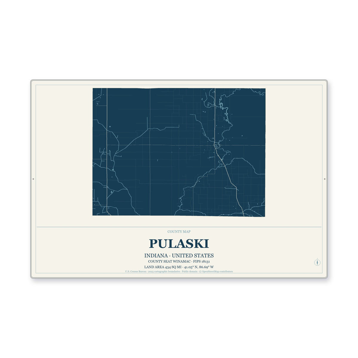 Pulaski County, Indiana Map Aluminum Sign in Coastal Cutout style
