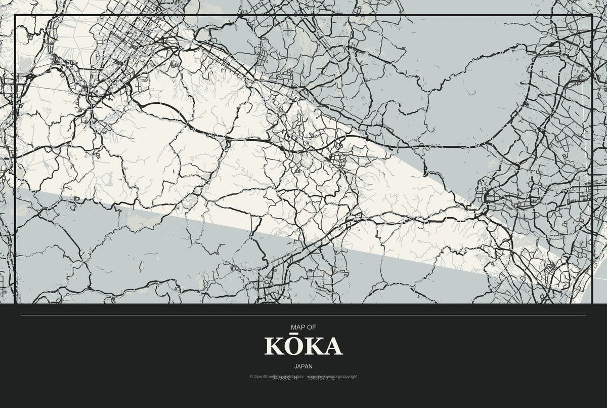 Kōka, Japan City Map Aluminum Sign in Museum Plaque style