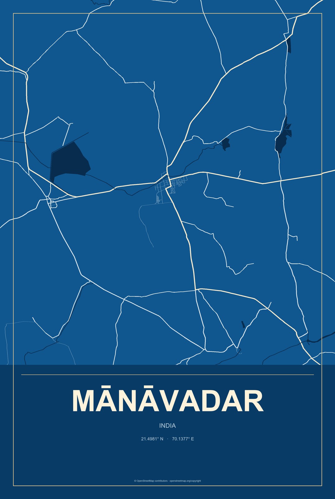 Mānāvadar, India City Map Aluminum Sign in Harbor Cobalt style