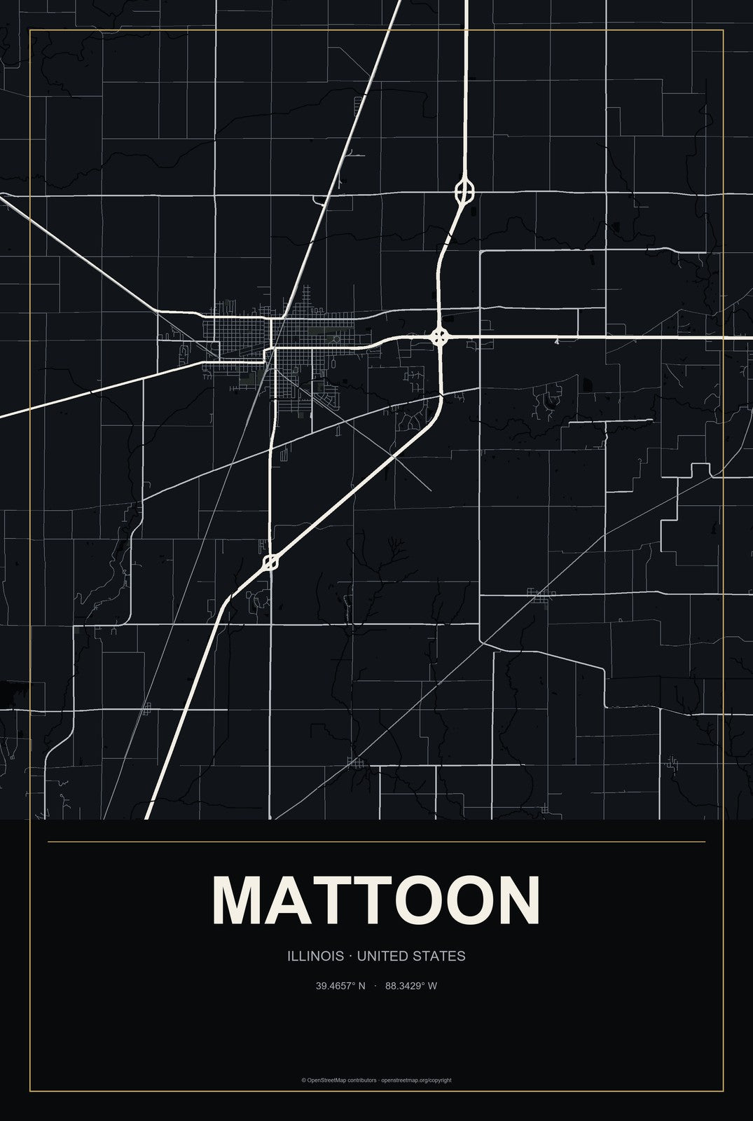Mattoon, Illinois City Map Aluminum Sign in Metropolitan Noir style