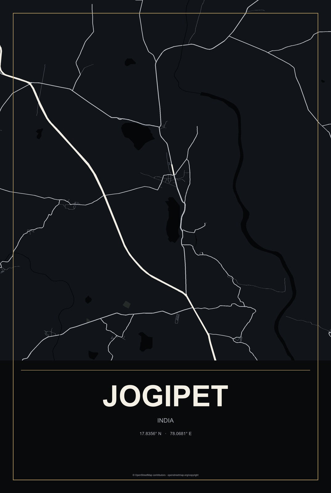 Jogipet, India City Map Aluminum Sign in Metropolitan Noir style