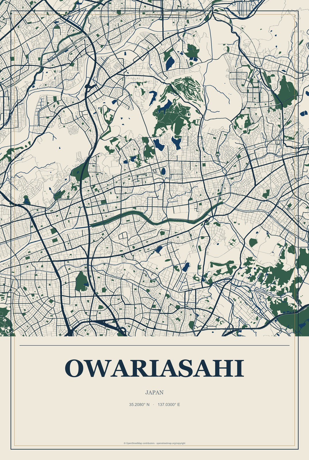 Owariasahi, Japan City Map Aluminum Sign in Coastal Cutout style