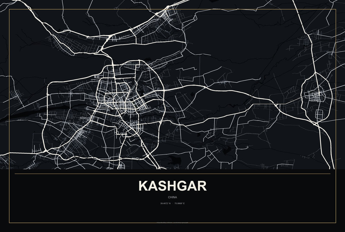Kashgar, China City Map Aluminum Sign in Metropolitan Noir style