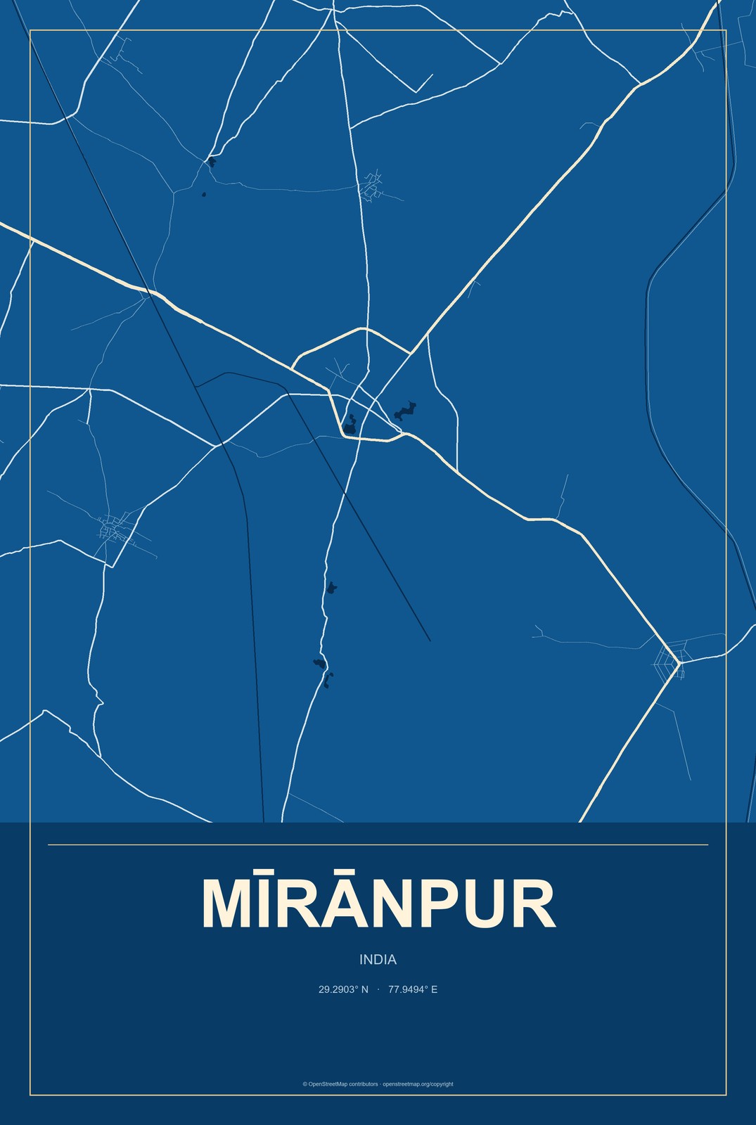Mīrānpur, India City Map Aluminum Sign in Harbor Cobalt style