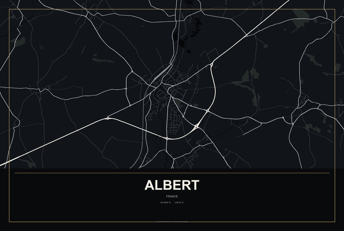 Albert, France City Map Aluminum Sign in Metropolitan Noir style