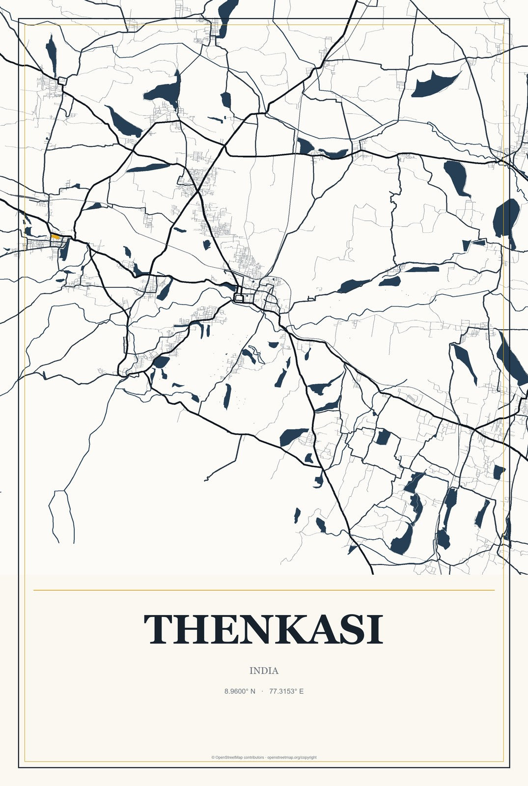 Thenkasi, India City Map Aluminum Sign in Citrine Modern style
