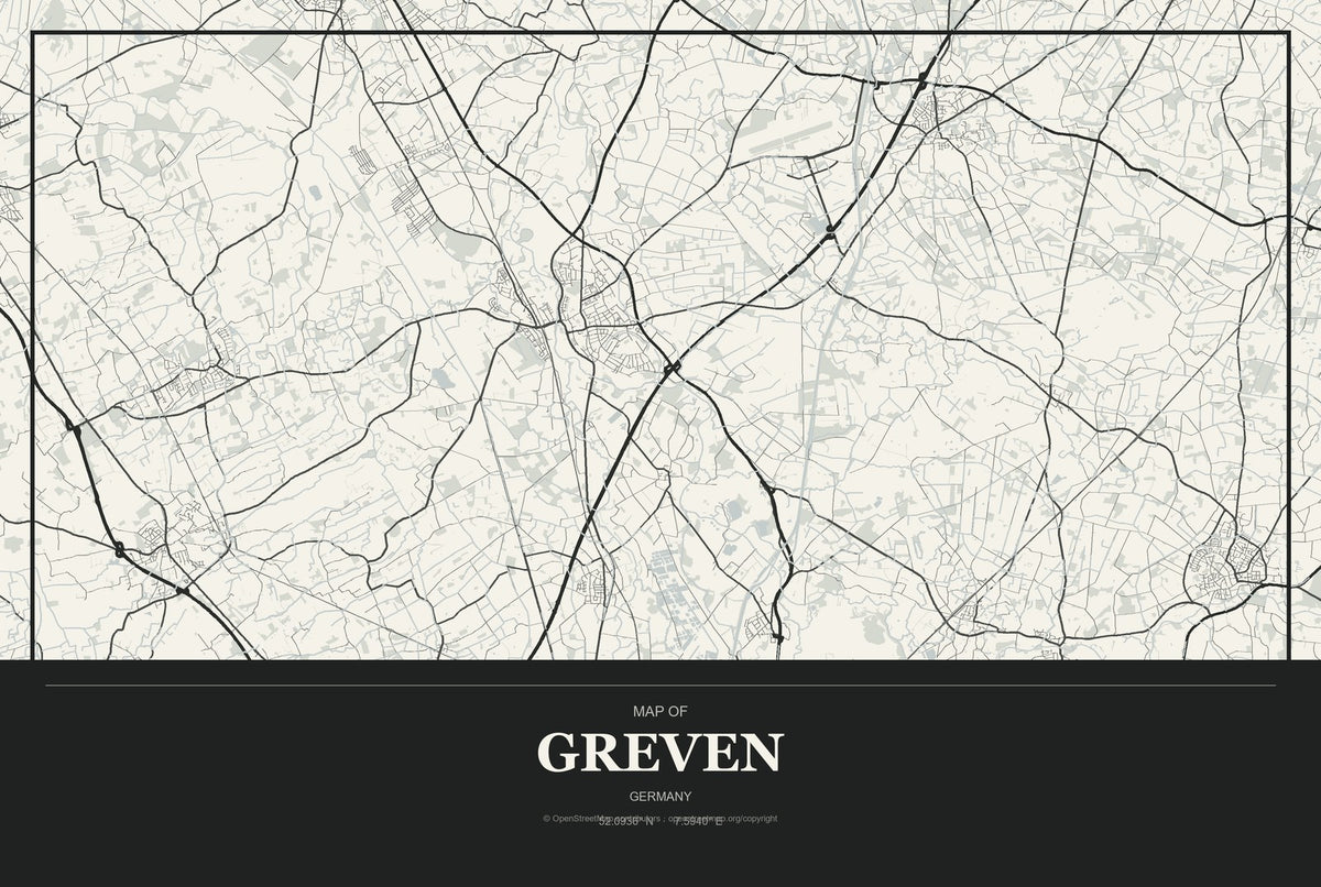 Greven, Germany City Map Aluminum Sign in Museum Plaque style