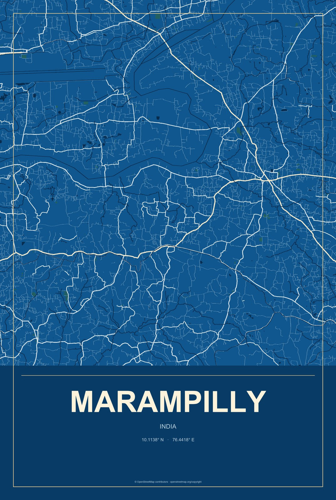 Marampilly, India City Map Aluminum Sign in Harbor Cobalt style