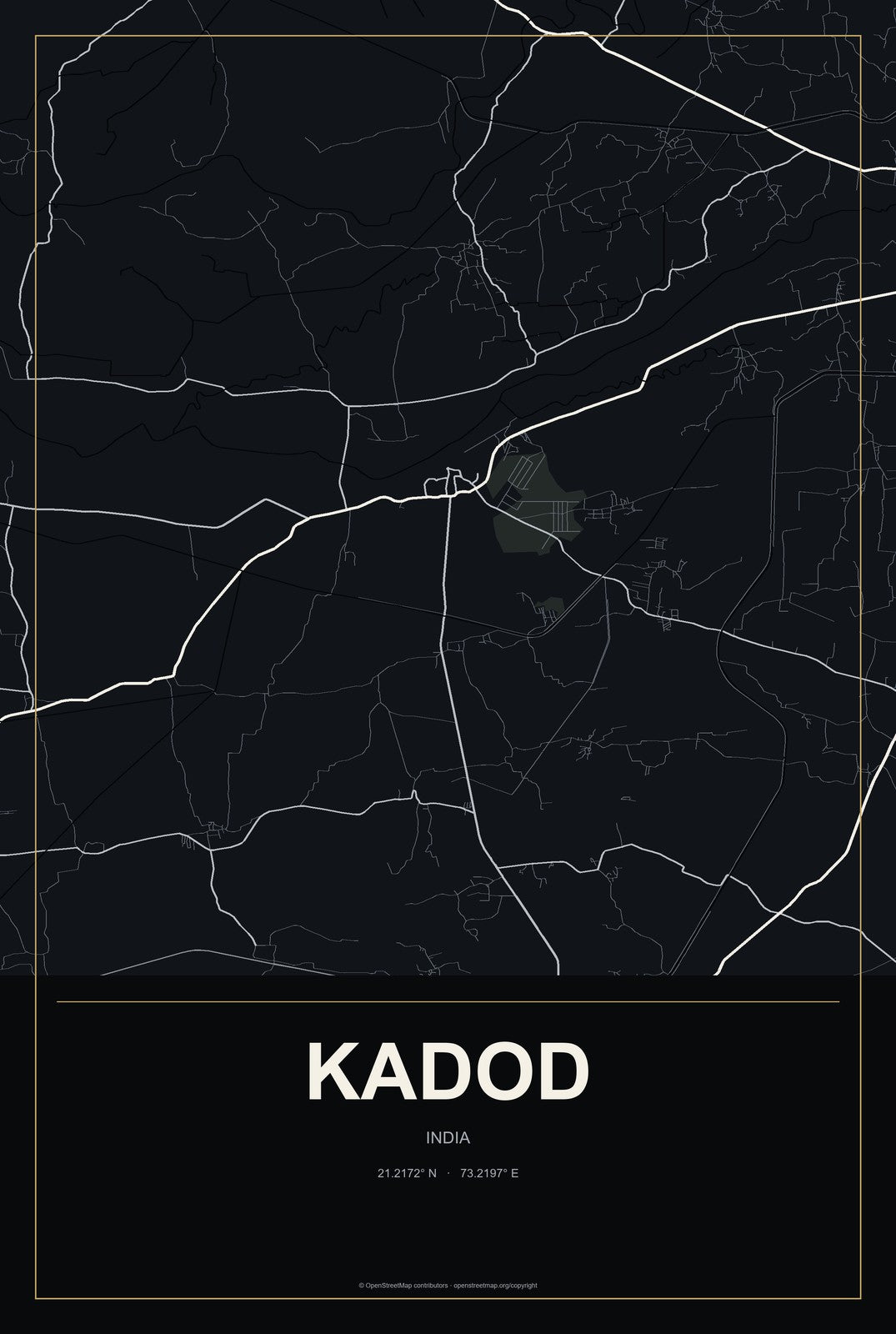Kadod, India City Map Aluminum Sign in Metropolitan Noir style