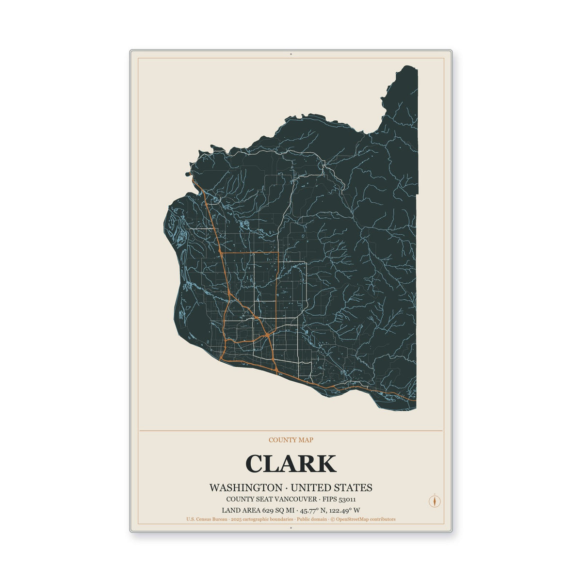 Clark County, Washington Map Aluminum Sign in Headline Atlas style