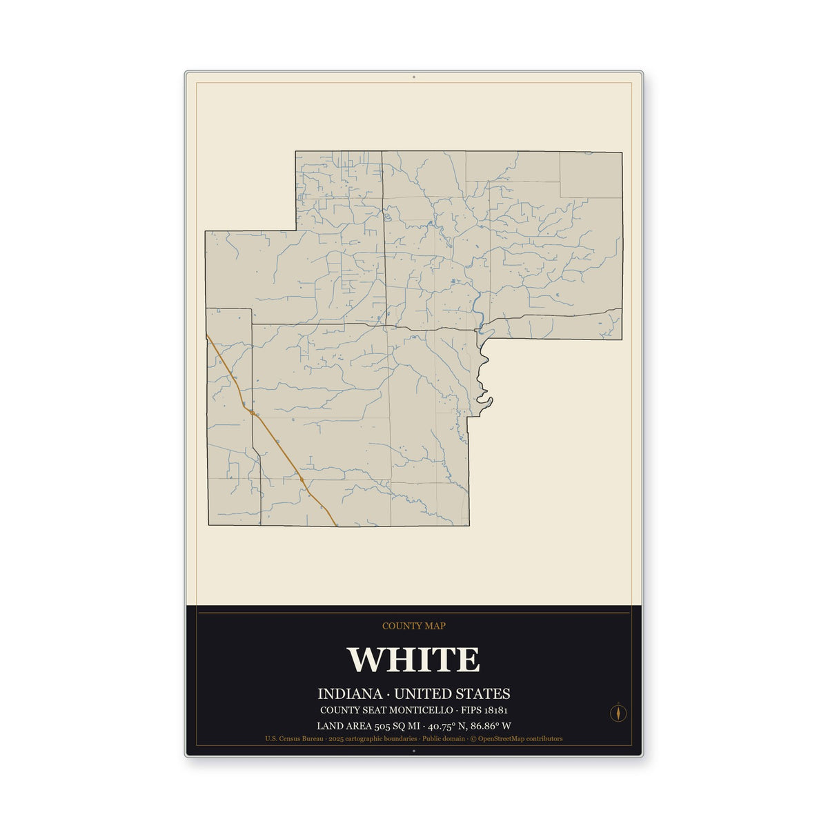 White County, Indiana Map Aluminum Sign in Museum Plaque style
