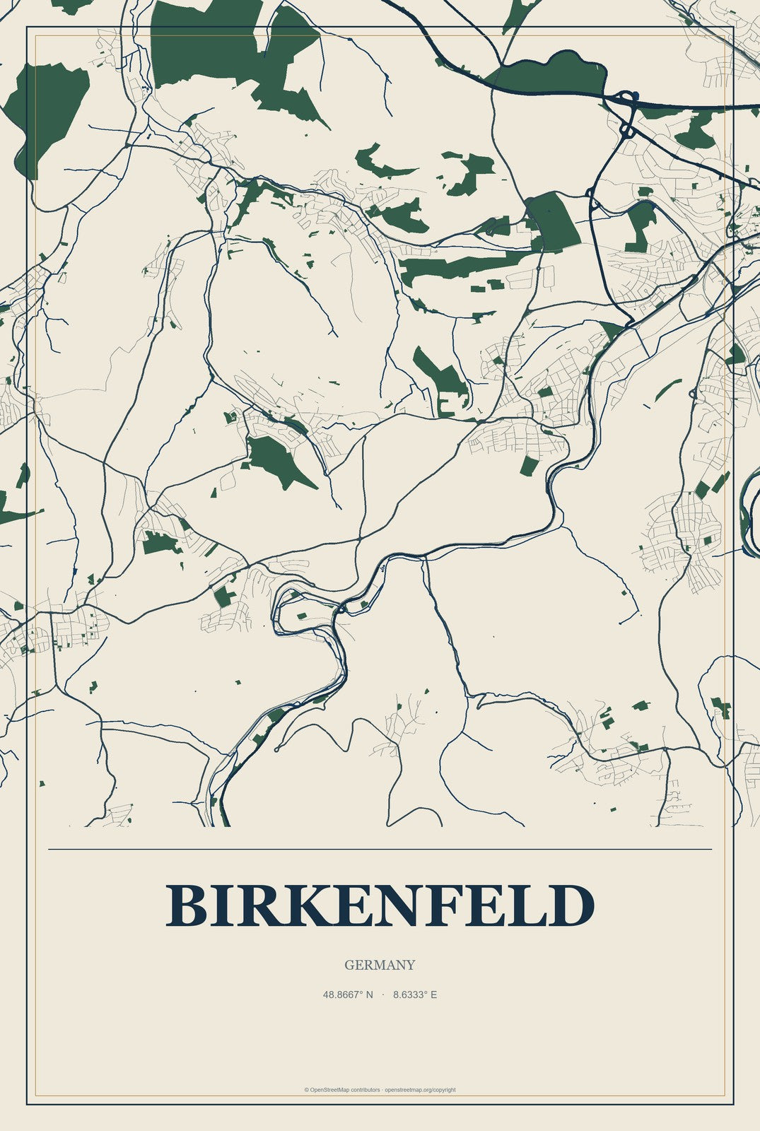 Birkenfeld, Germany City Map Aluminum Sign in Coastal Cutout style