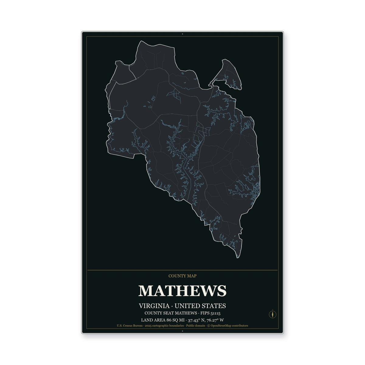 Mathews County, Virginia Map Aluminum Sign in Metropolitan Noir style