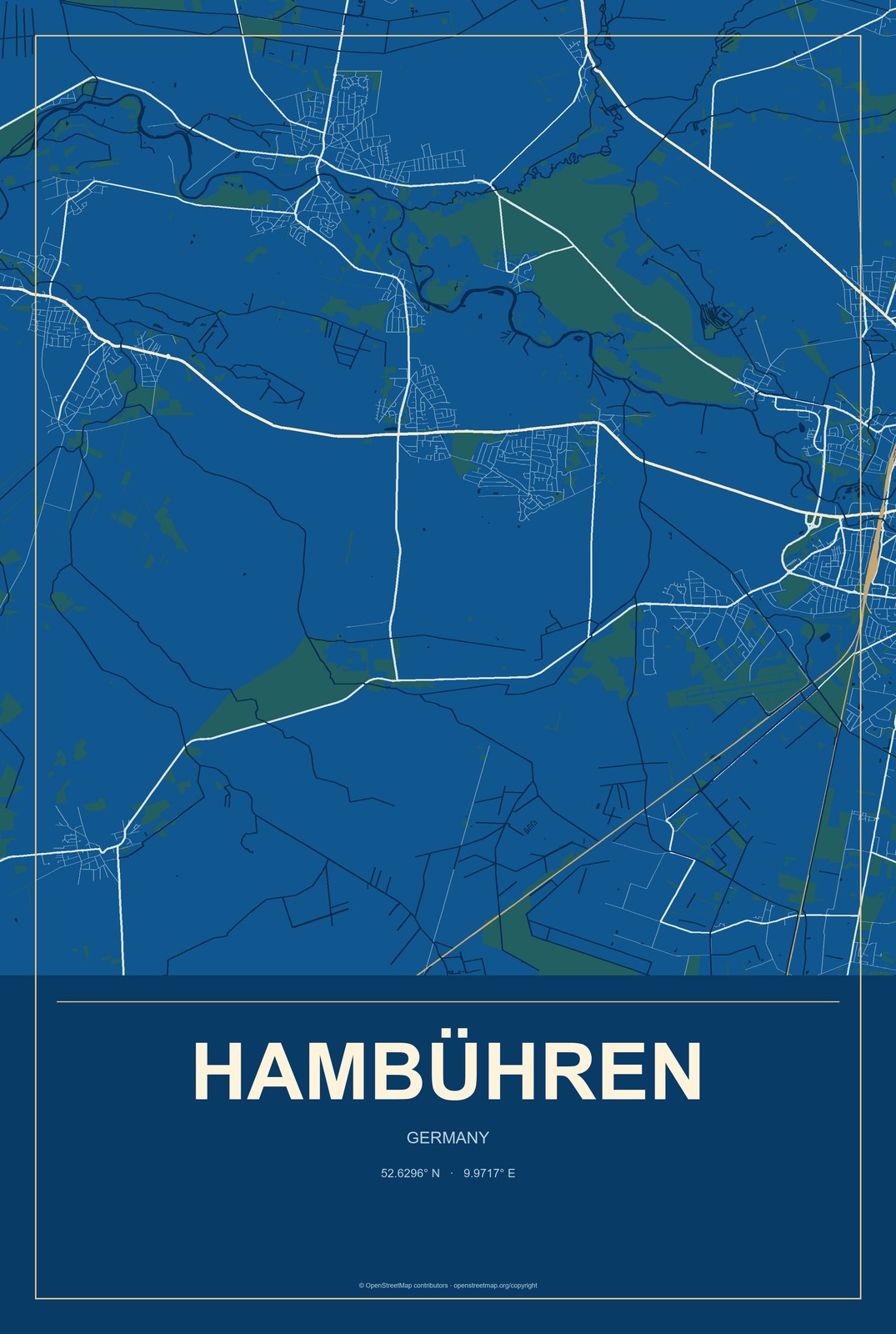 Hambühren, Germany City Map Aluminum Sign in Harbor Cobalt style