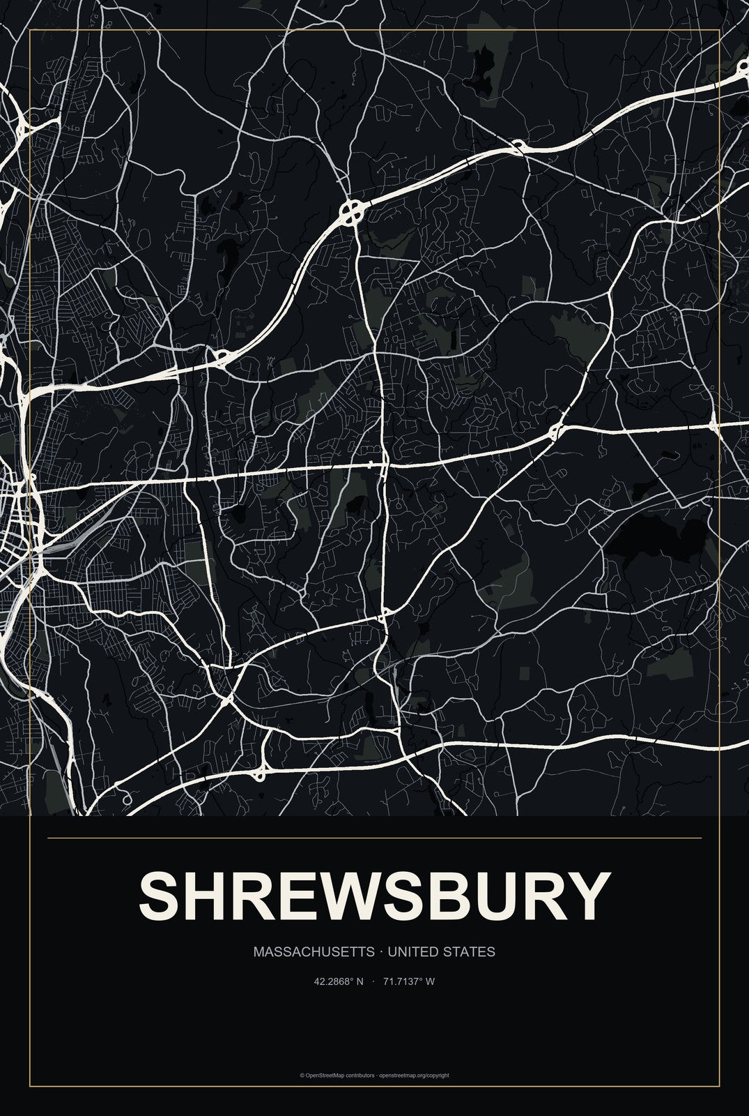 Shrewsbury, Massachusetts City Map Aluminum Sign in Metropolitan Noir style