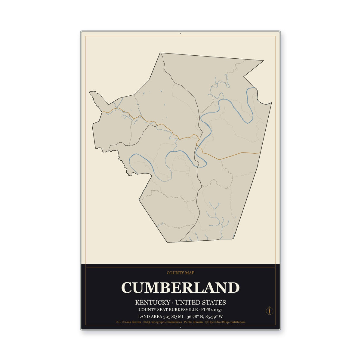 Cumberland County, Kentucky Map Aluminum Sign in Museum Plaque style