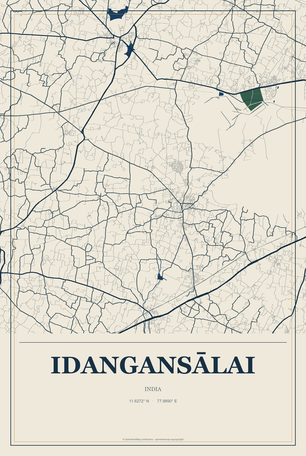 Idangansālai, India City Map Aluminum Sign in Coastal Cutout style