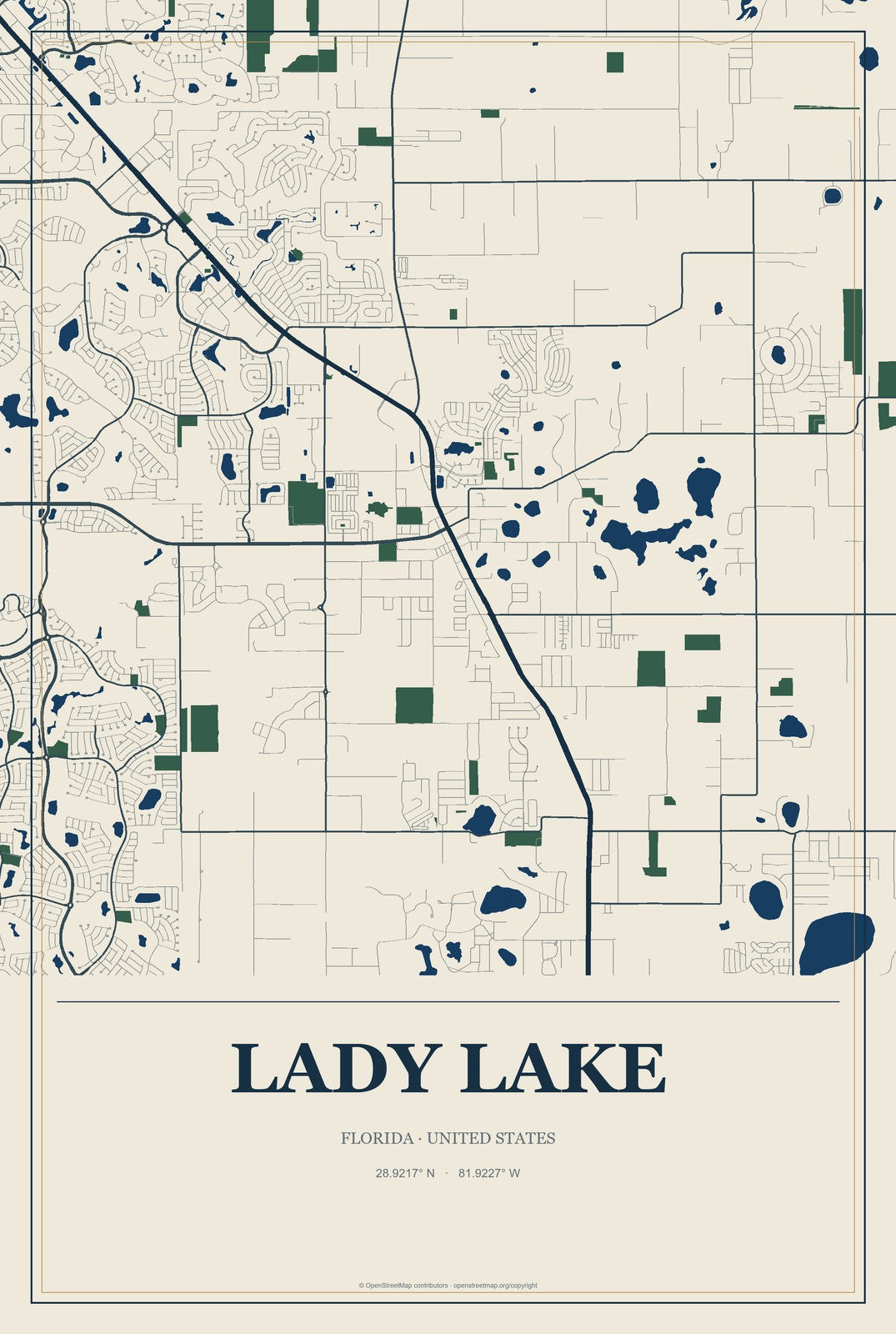 Lady Lake, Florida City Map Aluminum Sign in Coastal Cutout style