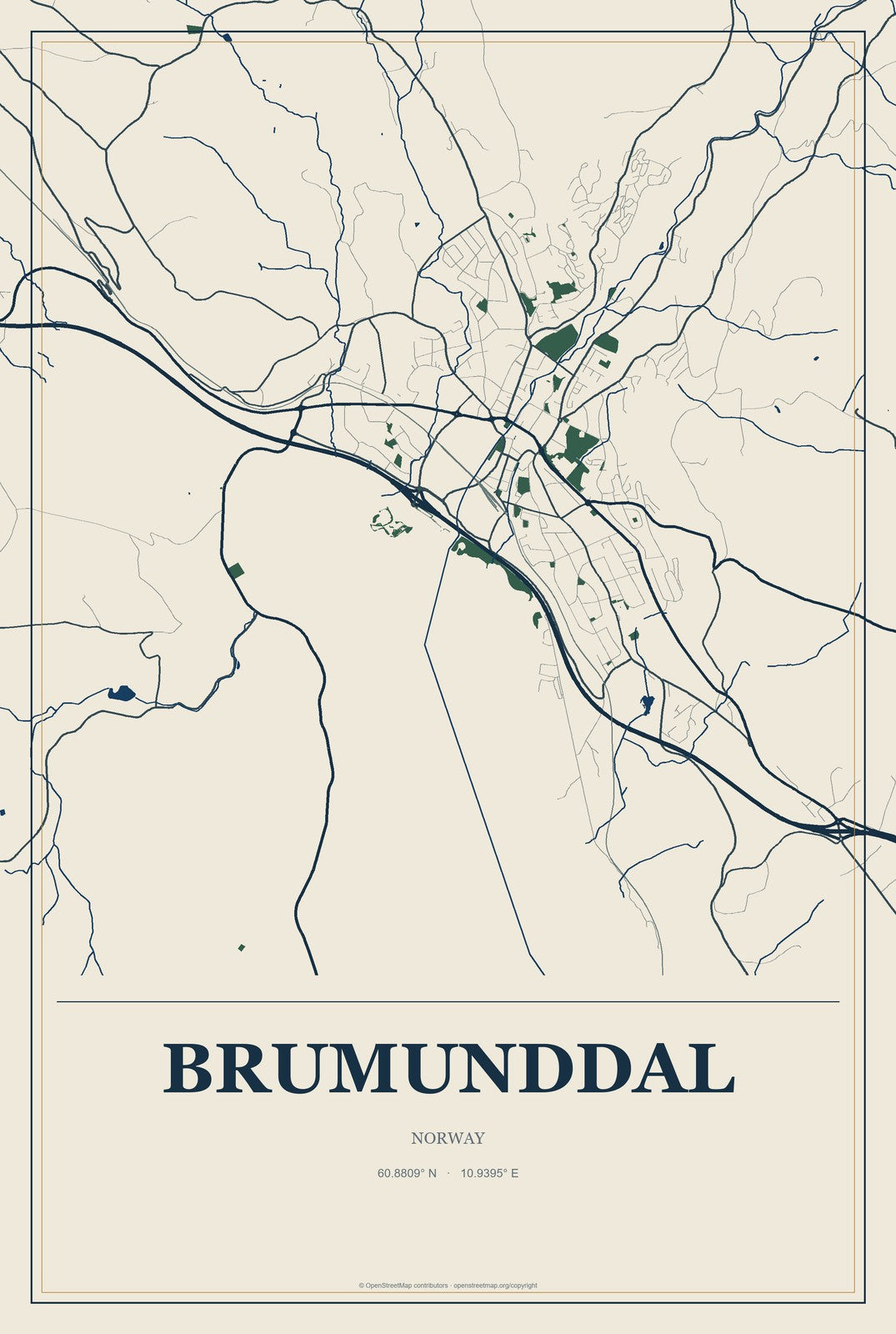 Brumunddal, Norway City Map Aluminum Sign in Coastal Cutout style