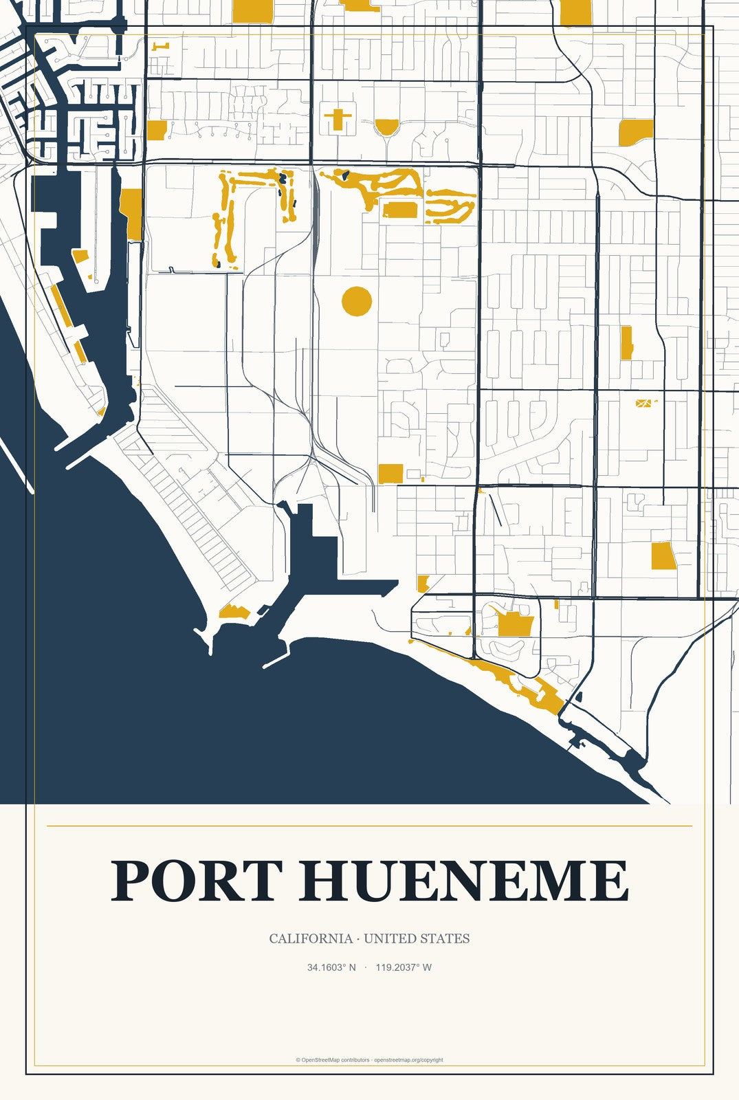 Port Hueneme, California City Map Aluminum Sign in Citrine Modern style