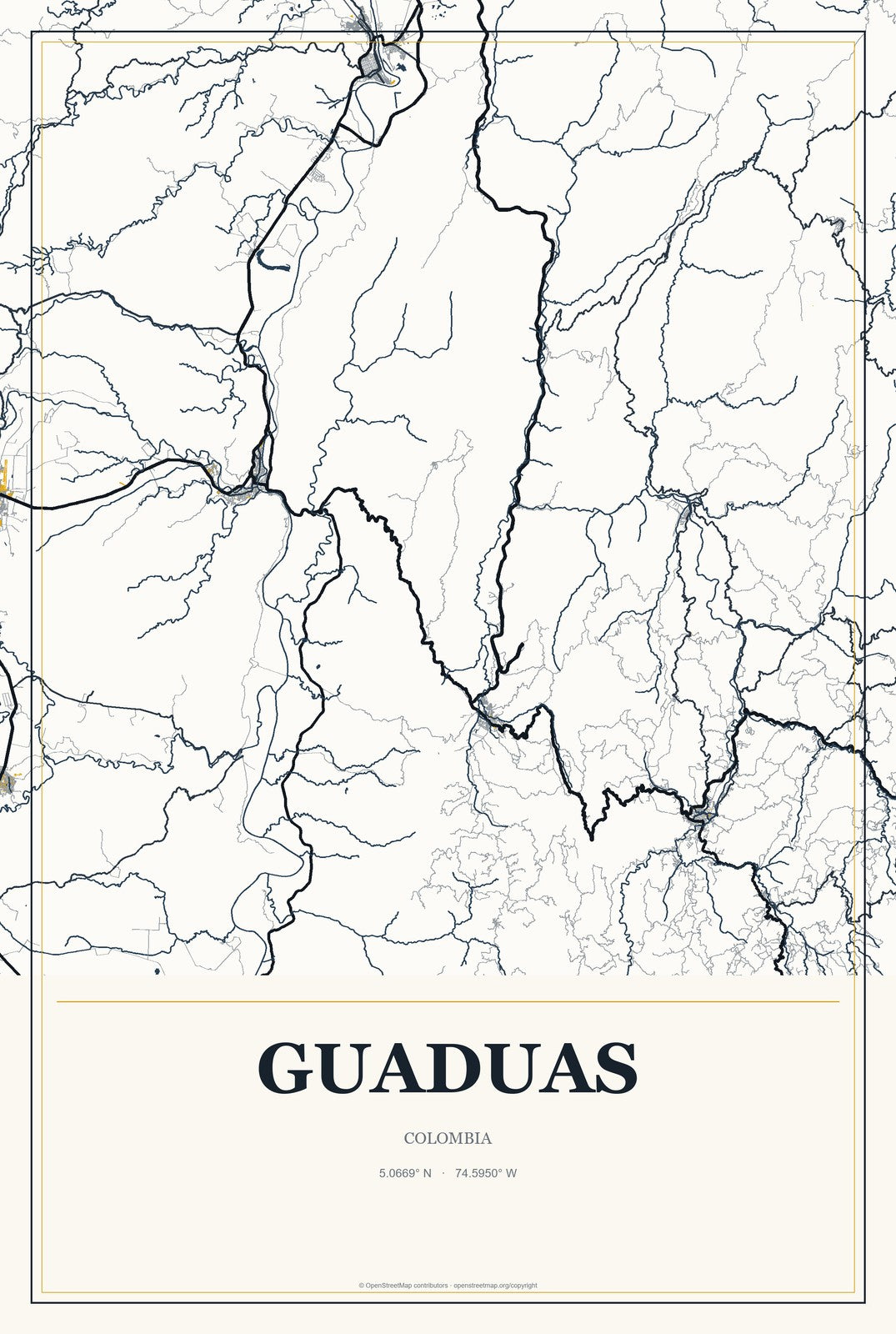 Guaduas, Colombia City Map Aluminum Sign in Citrine Modern style
