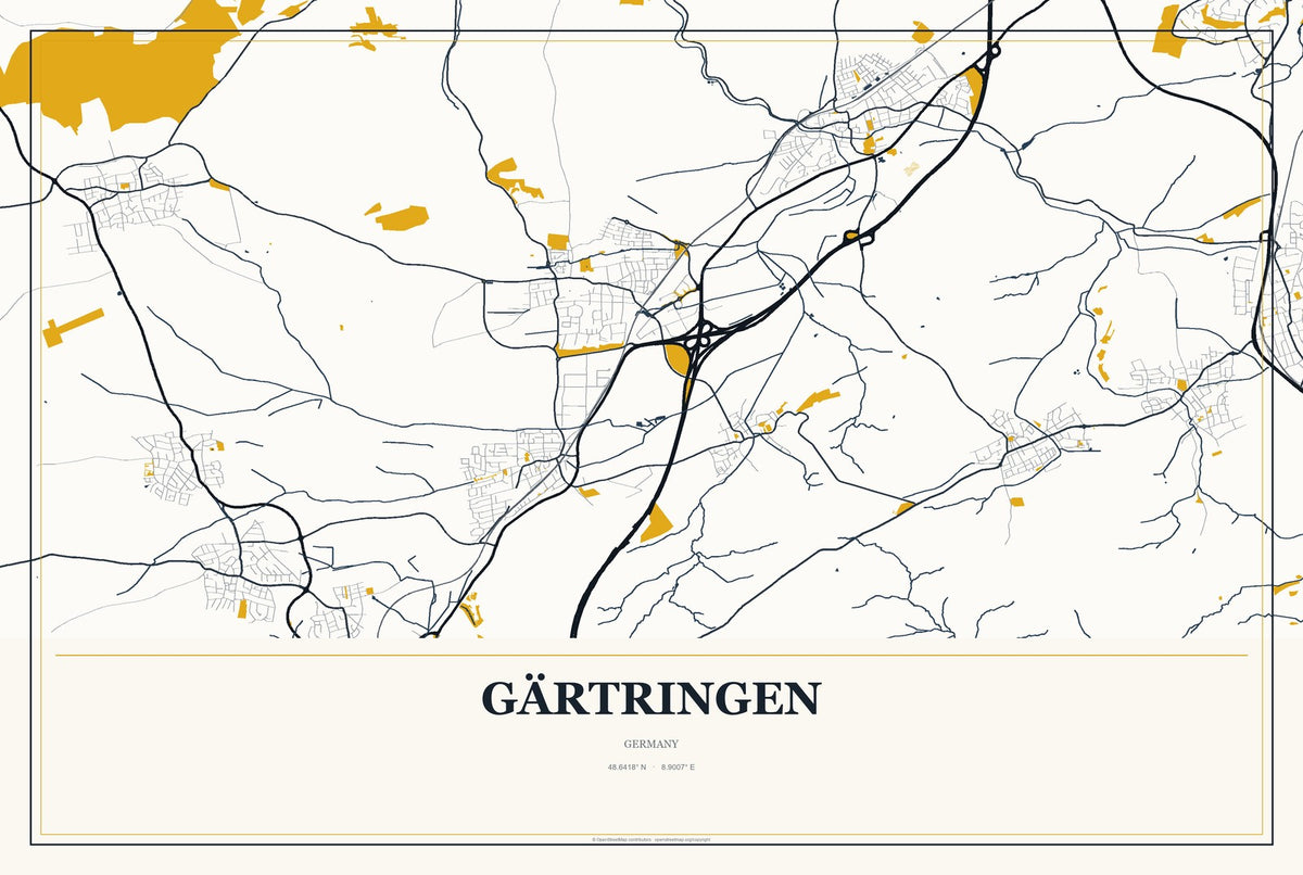 Gärtringen, Germany City Map Aluminum Sign in Citrine Modern style