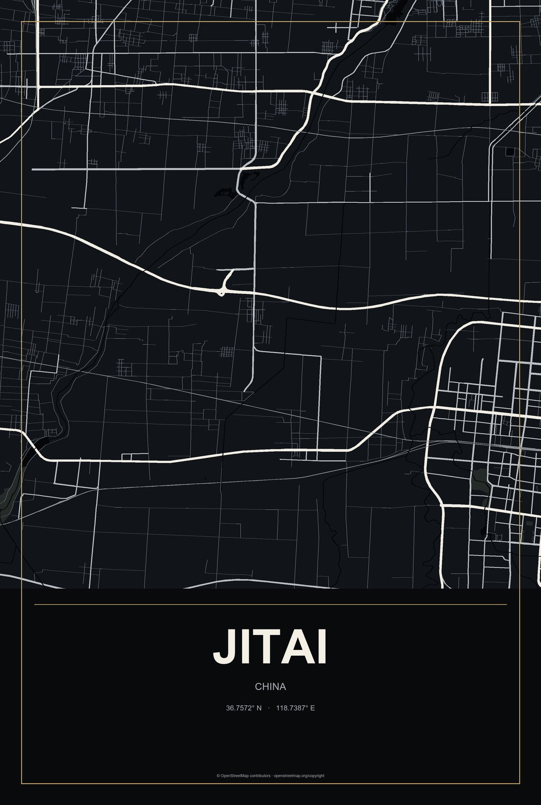 Jitai, China City Map Aluminum Sign in Metropolitan Noir style
