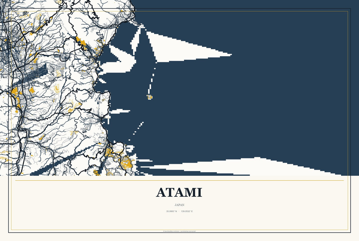 Atami, Japan City Map Aluminum Sign in Citrine Modern style