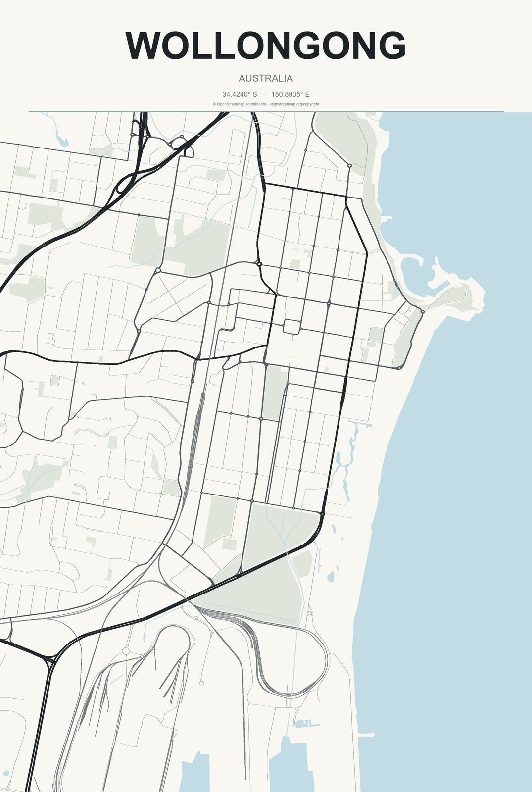 Wollongong, Australia City Map Aluminum Sign in Headline Atlas style