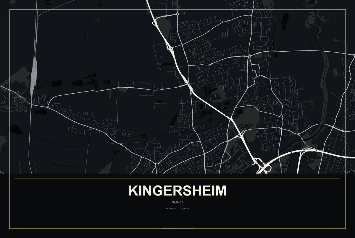 Kingersheim, France City Map Aluminum Sign in Metropolitan Noir style