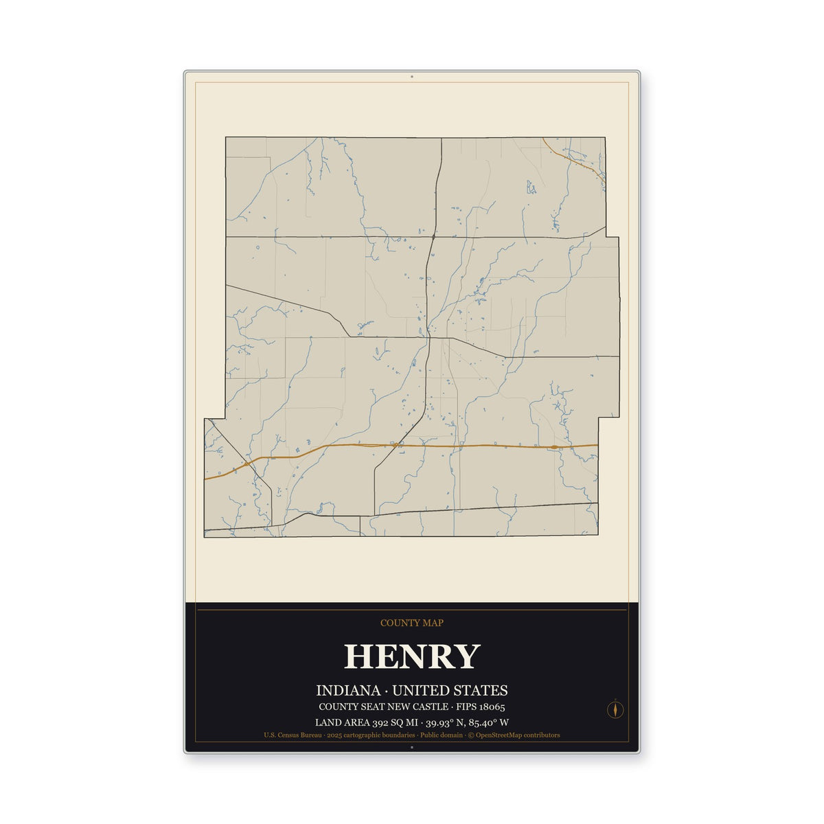 Henry County, Indiana Map Aluminum Sign in Museum Plaque style