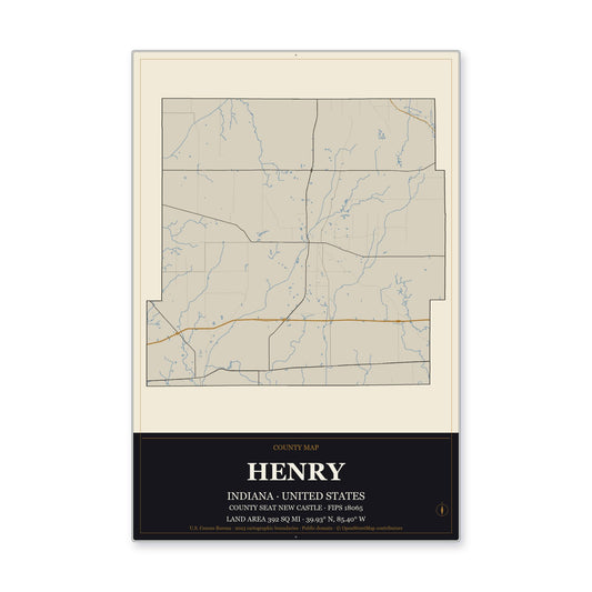 Henry County, Indiana Map Aluminum Sign in Museum Plaque style