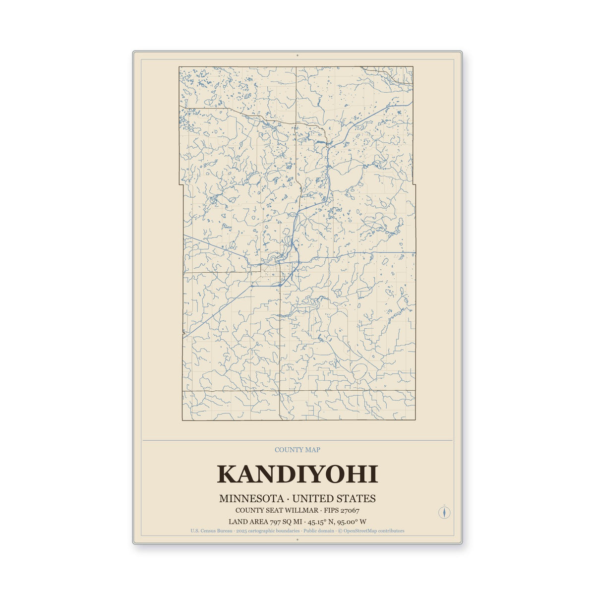 Kandiyohi County, Minnesota Map Aluminum Sign in Heritage Nautical style
