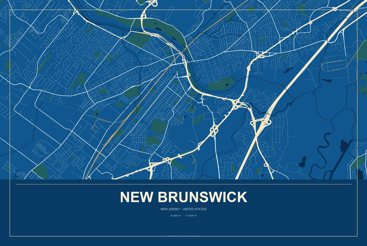 New Brunswick, New Jersey City Map Aluminum Sign in Harbor Cobalt style