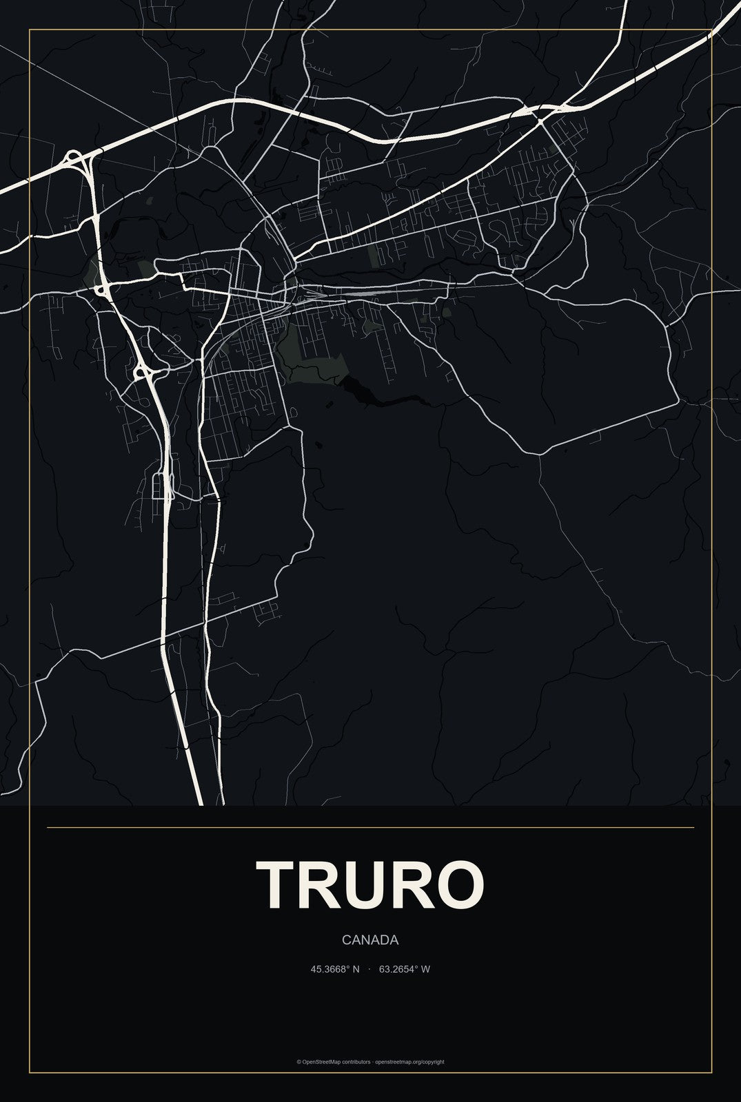 Truro, Canada City Map Aluminum Sign in Metropolitan Noir style